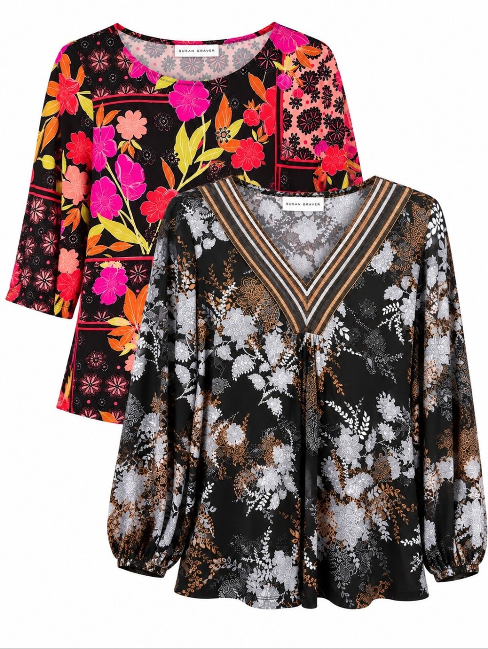 Susan Graver Lot Of 2 Floral Liquid Knit Tops M Casual Travel Work Wear Career